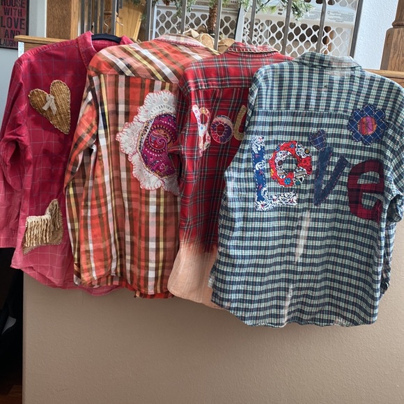 XL Flannel LOVE Hearts Repurposed Shirt Shacket Embroidered Top Bleached Vintage - Picture 13 of 13